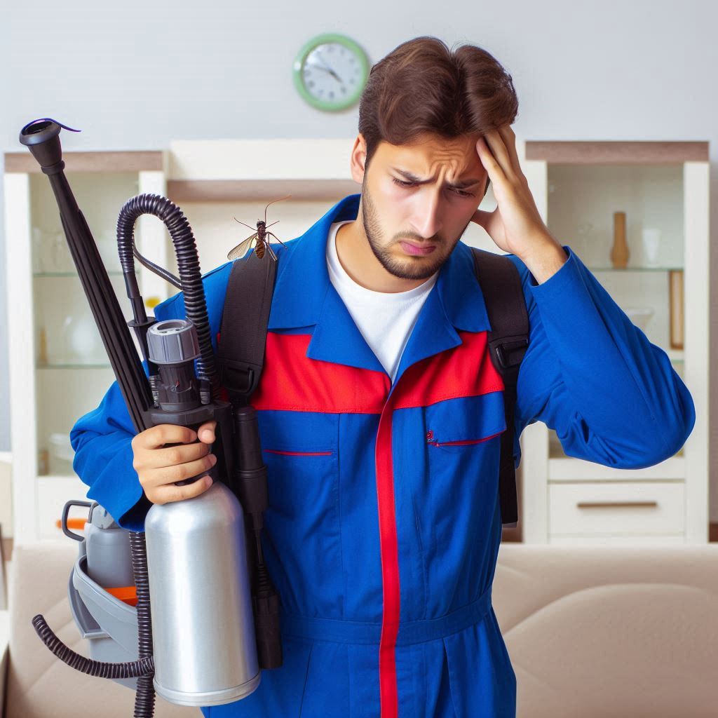 a man who works for a pest control company holding equipment and stressed out Home Page Image